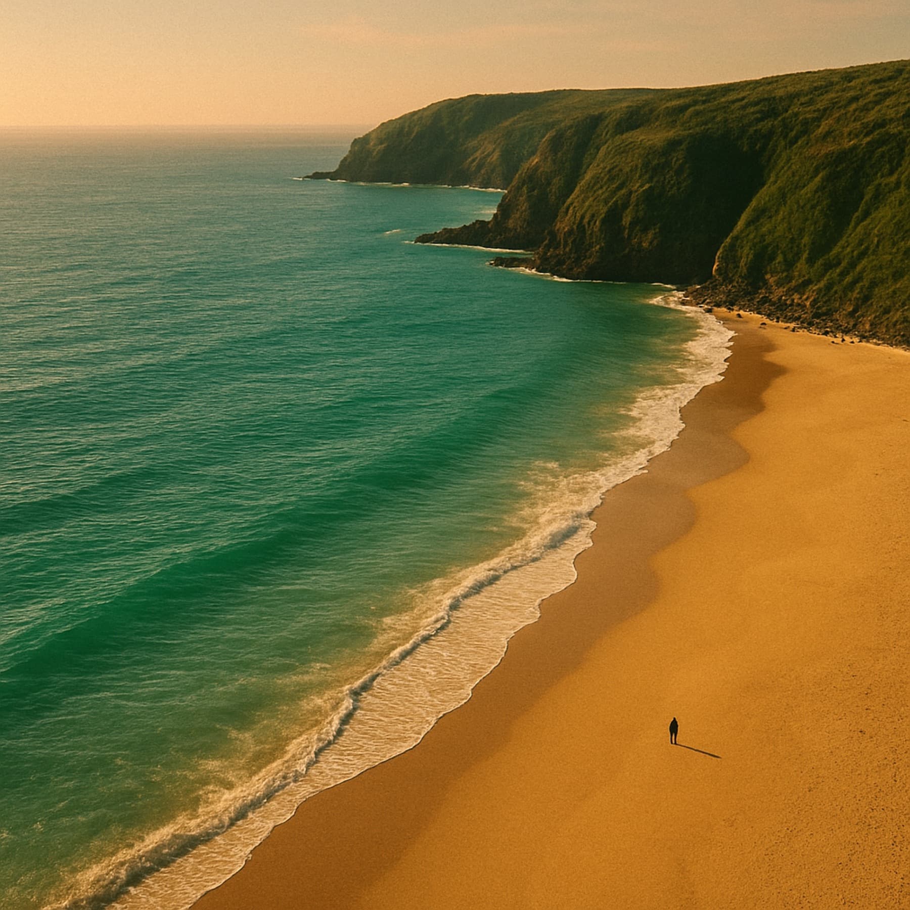 An aerial view of a turquoise coastline with a lone figure on an empty beach