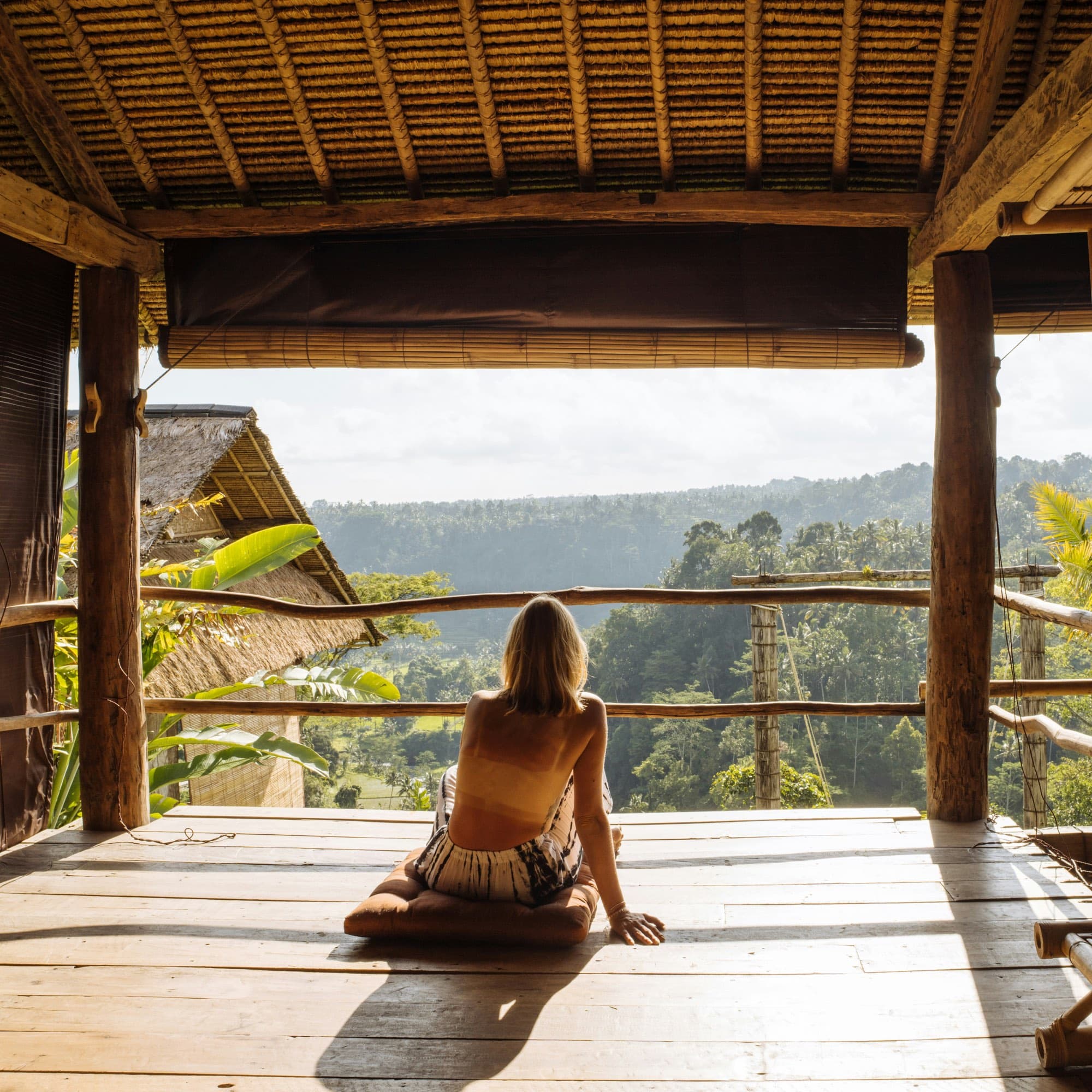 A person sitting on an open wooden veranda, gazing out over a lush jungle valley in soft morning light